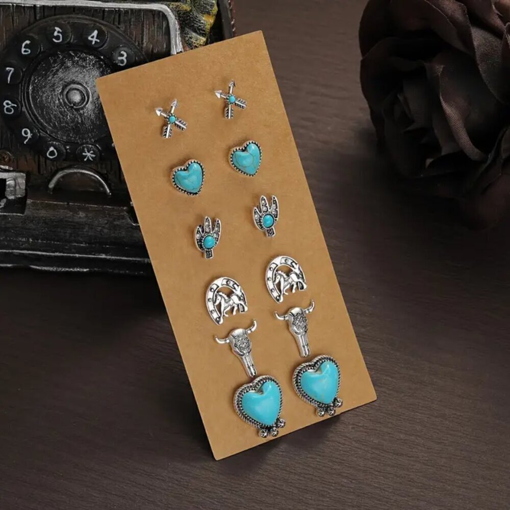 NEW 6 pair BOHO style earrings, western aesthetic jewelry, turquoise jewelry